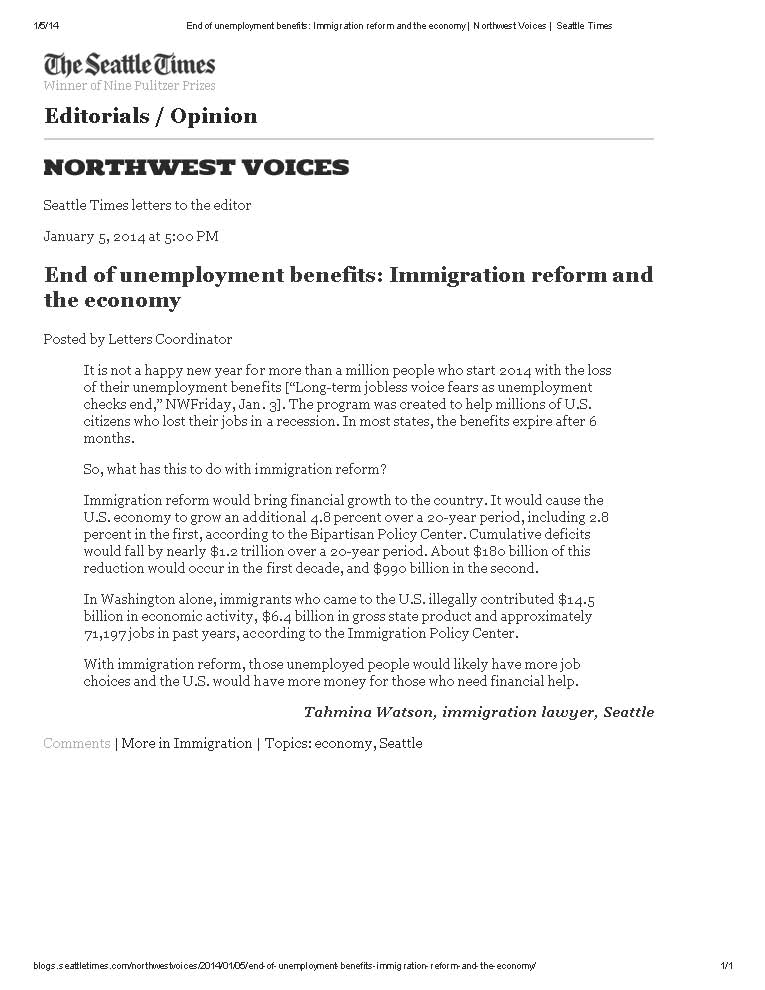 End of unemployment benefits_ Immigration reform and the economy _ Northwest Voices _ Seattle Times